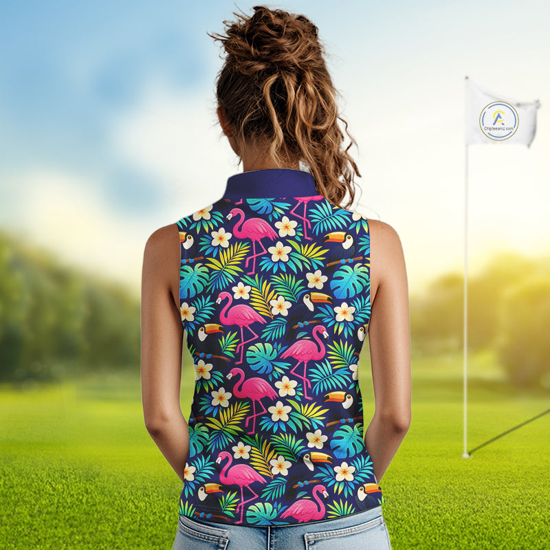Womens Sleeveless Golf Polo Shirt Custom Tropical Golden Retriever Ladies Golf Tops, Dog Lover Gift NHN0201