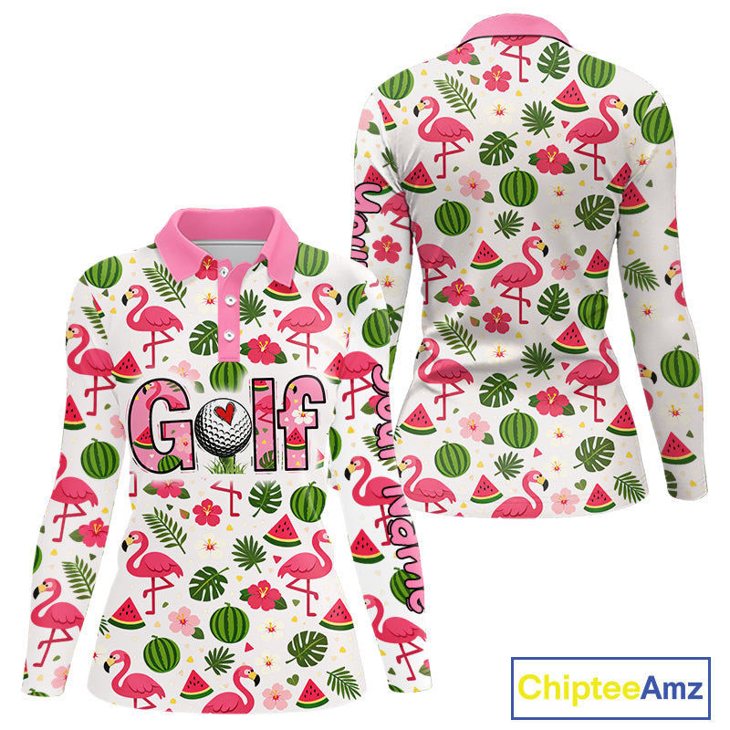 Pink Flamingo Tropical Womens Long Sleeve Golf Polo Shirt Custom Funny Ladies Golf Tops, Golf Gift NHN0202
