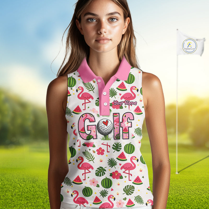 Pink Flamingo Tropical Womens Sleeveless Golf Polo Shirt Custom Funny Ladies Golf Tops, Golf Gift NHN0202