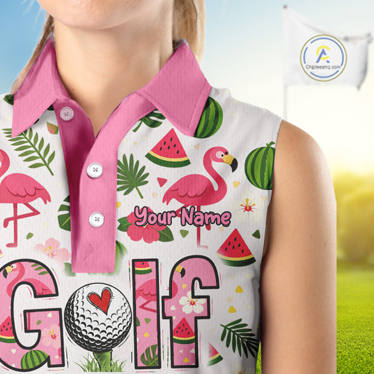 Pink Flamingo Tropical Womens Sleeveless Golf Polo Shirt Custom Funny Ladies Golf Tops, Golf Gift NHN0202
