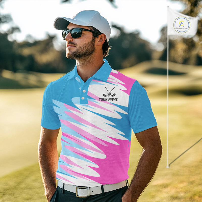 Mens Golf Polo Shirt Custom Blue And Pink Golf Shirt, White Team Golf Shirts Personalized  NHN0076