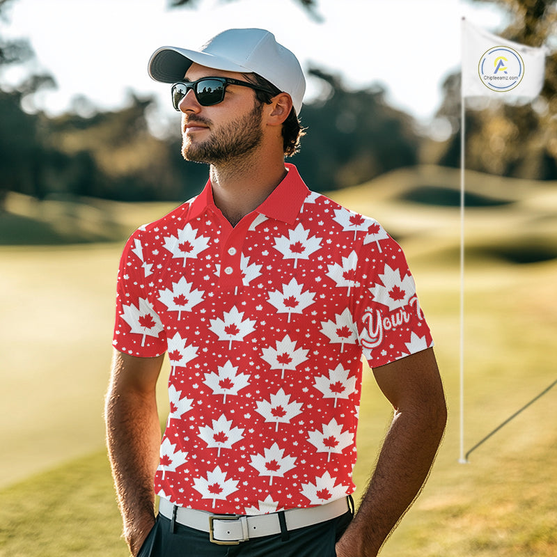 Red Maple Leaves Pattern Canadian Mens Golf Polo Shirts Custom Patriotic Golf Shirts For Men NHN0207