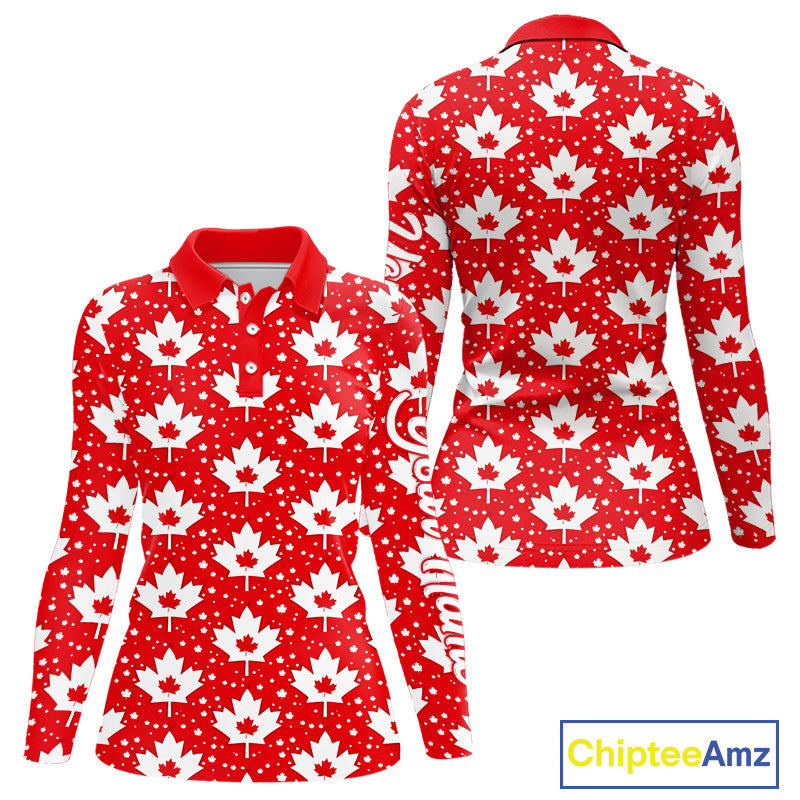 Red Maple Leaves Pattern Canadian Long Sleeve Womens Golf Polo Shirts Custom Patriotic Golf Shirts NHN0207