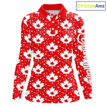 Load image into Gallery viewer, Red Maple Leaves Pattern Canadian Long Sleeve Womens Golf Polo Shirts Custom Patriotic Golf Shirts NHN0207
