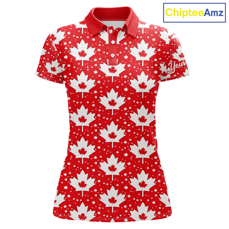Red Maple Leaves Pattern Canadian Womens Golf Polo Shirts Custom Patriotic Golf Shirts For Men NHN0207