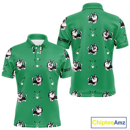 Mens Golf Polo Shirt Custom Funny Husky Green Pattern Team Men Golf Tops, Dog Lover Gift NHN0065