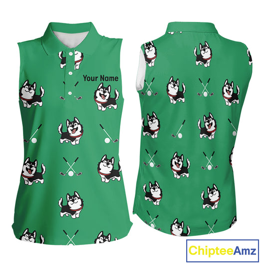 Womens Sleeveless Golf Polo Shirt Custom Funny Husky Green Pattern Team Ladies Golf Tops, Dog Lover Gift NHN0065