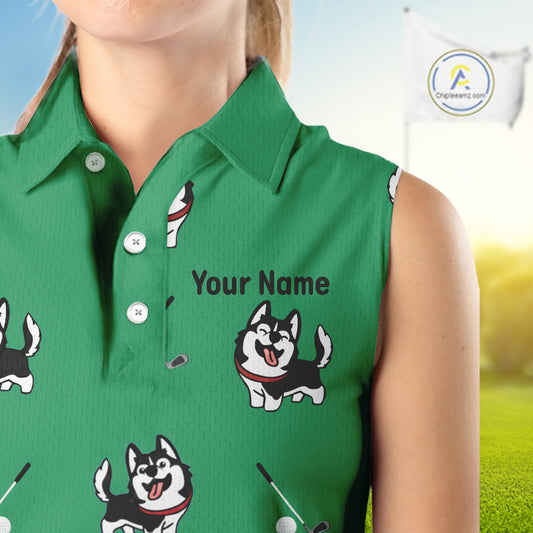 Womens Sleeveless Golf Polo Shirt Custom Funny Husky Green Pattern Team Ladies Golf Tops, Dog Lover Gift NHN0065