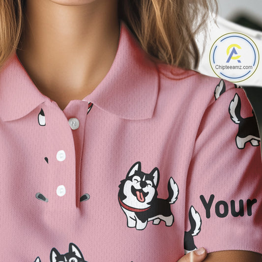 Womens Golf Polo Shirt Custom Funny Husky Pink Pattern Team Ladies Golf Tops, Dog Lover Gift NHN0065