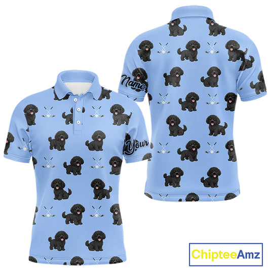 Mens Golf Polo Shirt Custom Funny Black Poodle Blue Pattern Team Mens Golf Tops, Dog Lover Gift NHN0208
