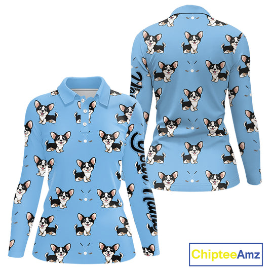 Womens Long Sleeve Golf Polo Shirt Custom Funny Chihuahua Pattern Team Ladies Golf Top, Dog Lover Gift NHN0211