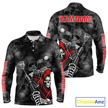 Load image into Gallery viewer, Funny Skull Mens Long Sleeve Golf Polo Shirt Golf Ball Skull Pattern Custom Name Golf Apparel NHN0088