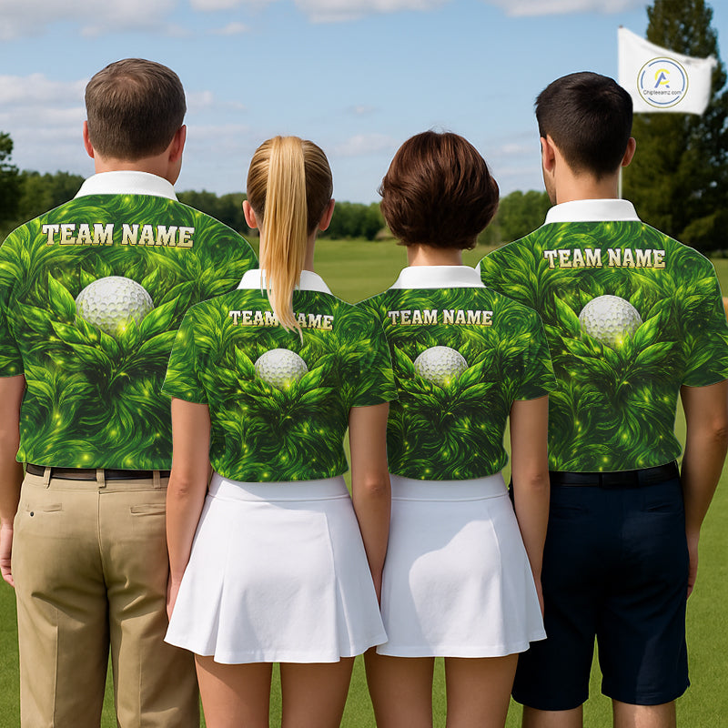 Green Mens Golf Polo Shirt Custom Leaf Pattern Golf Ball Personalized Team Golf Tops, Golf Gifts NHN0222