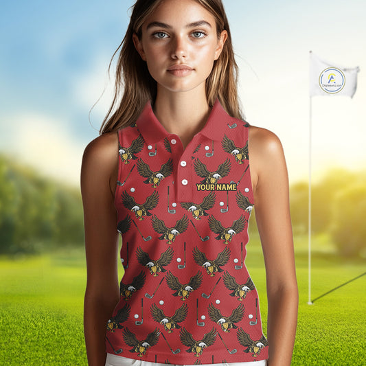 Golf Polo Shirts, Eagle Womens Sleeveless Golf Polo Shirt Custom Red Golf Shirts For Ladies, Golf Gifts NHN0091