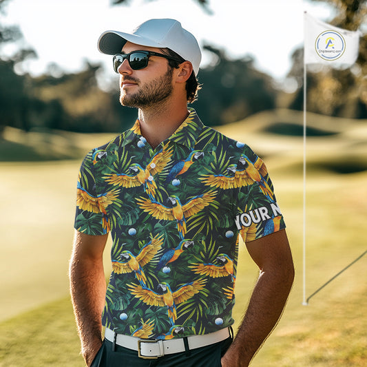 Mens Golf Polo Shirt Custom Colorful Parrots And Floral Tropical Pattern Team Golf Shirts, Golf Gift NHN0092