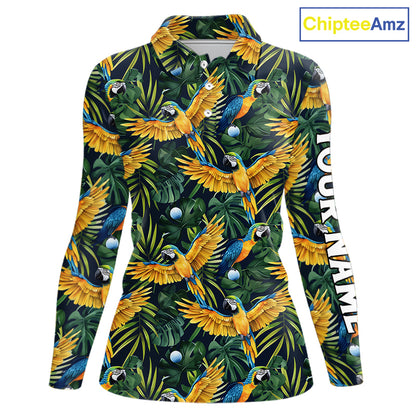 Womens Long Sleeve Golf Polo Shirt Custom Colorful Parrots And Floral Tropical Pattern Team Golf Shirts NHN0092