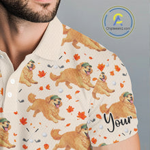 Load image into Gallery viewer, Golden Retriever Mens Golf Polo Shirt Custom Autumn Leaves Pattern Funny Golf Tops, Dog Lover Gift NHN0224