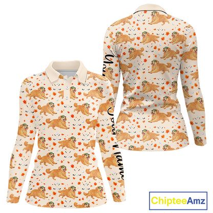 Golden Retriever Womens Long Sleeve Golf Polo Shirt Autumn Leaves Funny Golf Tops, Dog Lover Gift NHN0224