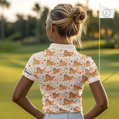 Golden Retriever Womens Golf Polo Shirt Autumn Leaves Pattern Funny Ladies Golf Tops, Dog Lover Gift NHN0224