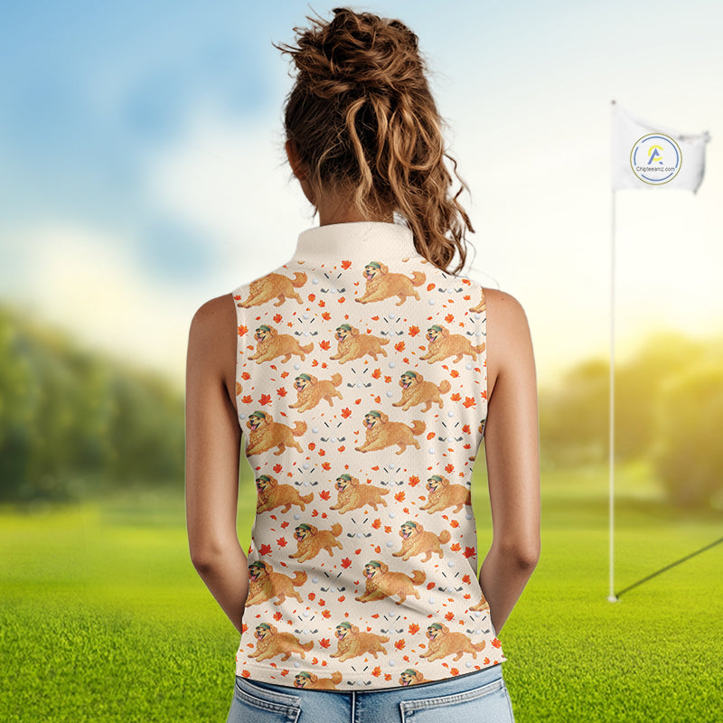 Golden Retriever Womens Sleeveless Golf Polo Shirt Autumn Leaves Funny Golf Tops, Dog Lover Gift NHN0224