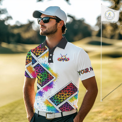 Mens Golf Polo Shirt Colorful Rainbow Leopard Print Pattern Custom Golf Ball Team Golf Tops, Golf Gift NHN0227