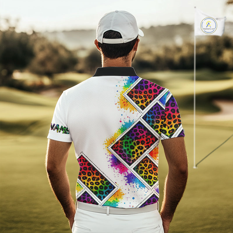 Mens Golf Polo Shirt Colorful Rainbow Leopard Print Pattern Custom Golf Ball Team Golf Tops, Golf Gift NHN0227