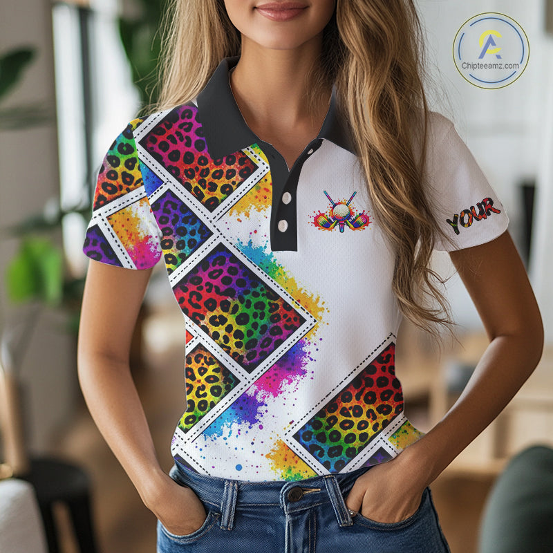 Womens Golf Polo Shirt Colorful Rainbow Leopard Print Pattern Custom Team Ladies Golf Tops NHN0227