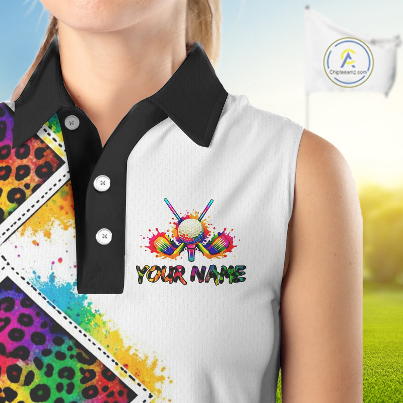Womens Sleeveless Golf Polo Shirt Colorful Rainbow Leopard Print Pattern Custom Team Golf Tops NHN0227
