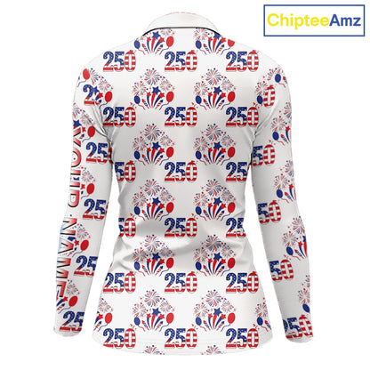 USA 250th Anniversary Womens Long Sleeve Golf Polo Shirt Custom Golf Pattern Team Patriotic Golf Top NHN0231