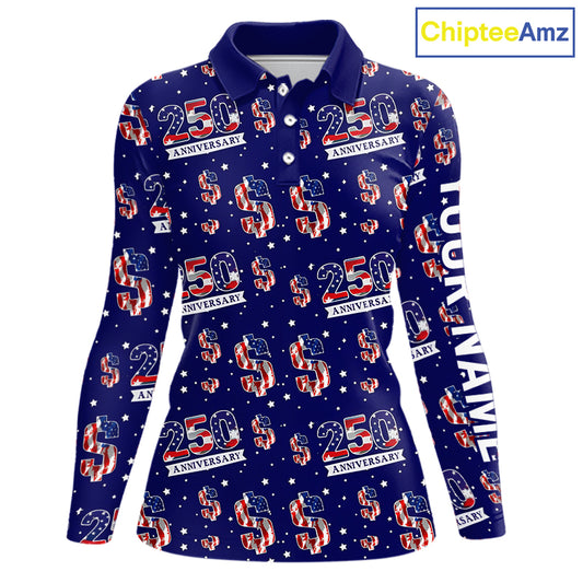 USA 250th Anniversary Womens Long Sleeve Golf Polo Shirt Custom Patriotic American Flag Team Golf Tops NHN0235
