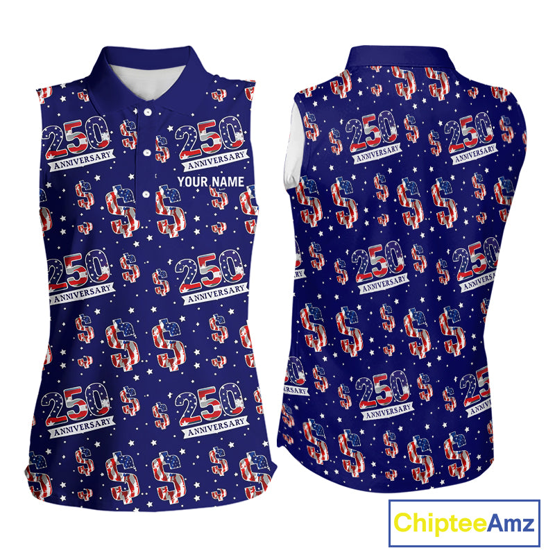 USA 250th Anniversary Womens Sleeveless Golf Polo Shirt Custom Patriotic American Flag Team Golf Top NHN0235