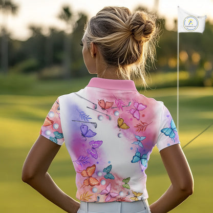Butterfly Womens Golf Polo Shirt Custom Name Floral Colorful Watercolor Golf Shirts, Golf Gifts NHN0126