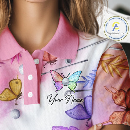 Butterfly Womens Golf Polo Shirt Custom Name Floral Colorful Watercolor Golf Shirts, Golf Gifts NHN0126