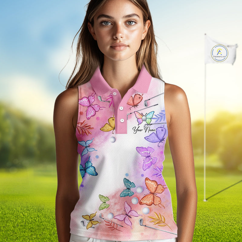 Butterfly Womens Sleeveless Golf Polo Shirt Custom Name Floral Colorful Watercolor Golf Shirts, Golf Gifts NHN0126