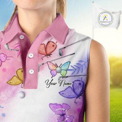 Butterfly Womens Sleeveless Golf Polo Shirt Custom Name Floral Colorful Watercolor Golf Shirts, Golf Gifts NHN0126