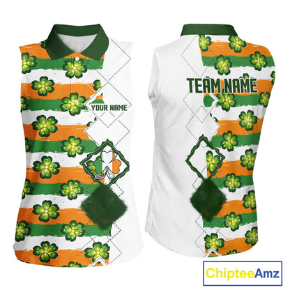 Womens Sleeveless Golf Polo Shirt Custom Green Clover St Patricks Day Pattern Ireland Flag Golf Top NHN0139