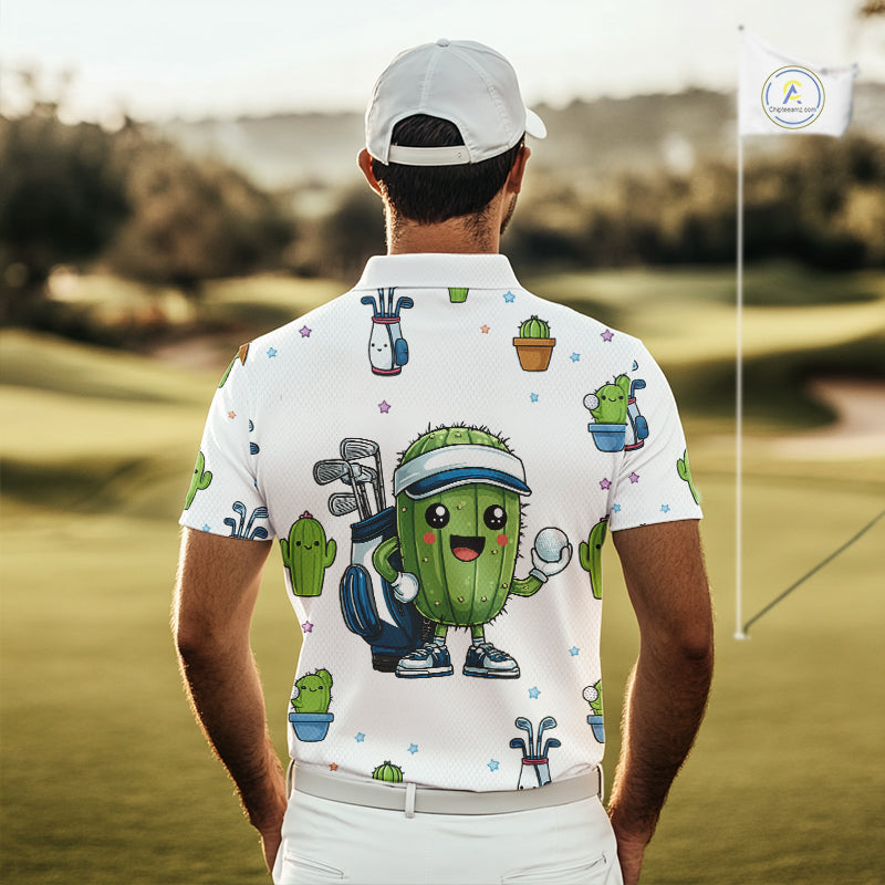 Argyle Pattern Mens Golf Polo Shirts Funny Cactus Flower Custom Cactus Golf Shirt Golfer Gifts NHN0012