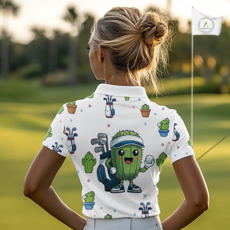 Argyle Pattern Womens Golf Polo Shirts Funny Cactus Flower Custom Cactus Golf Shirt Golfer Gifts NHN0012
