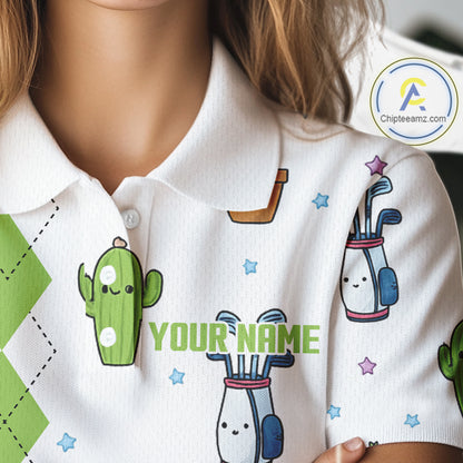 Argyle Pattern Womens Golf Polo Shirts Funny Cactus Flower Custom Cactus Golf Shirt Golfer Gifts NHN0012