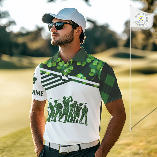 Mens Golf Polos Shirts Custom Green Clover St Patricks Day Plaid Pattern Golf Tops NHN0143