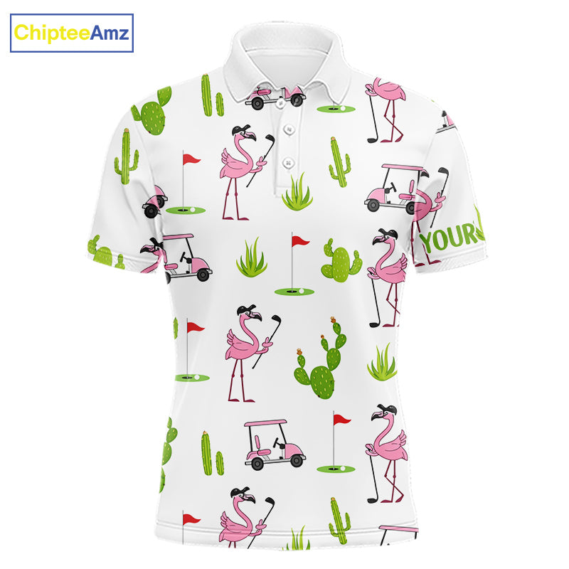 Flamingo Cactus Desert Pattern Mens Golf Polo Shirts Custom Cactus Golf Shirt Personalized NHN0150