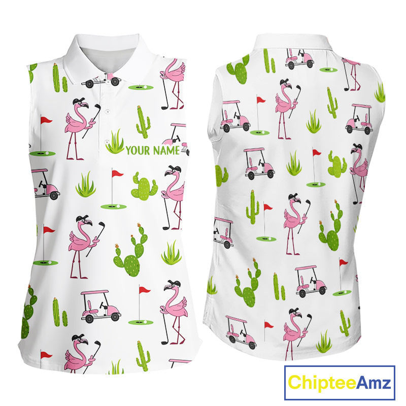 Flamingo Cactus Desert Pattern Womens Sleeveless Golf Polo Shirt Custom Cactus Golf Shirt NHN0150