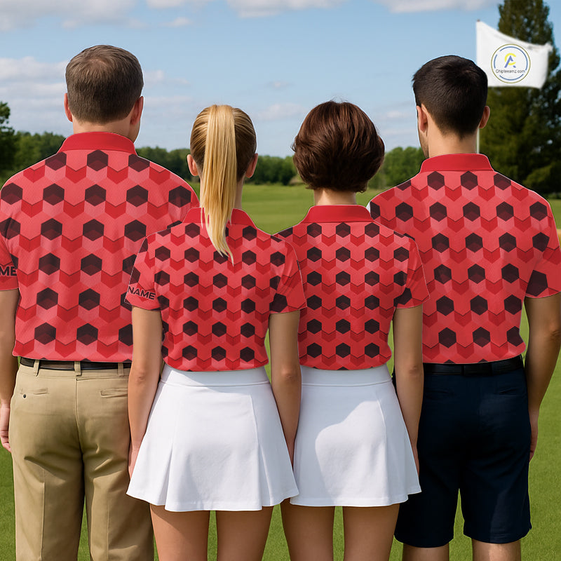 Plaid Womens Golf Polo Shirt Custom Abstract Red Hexagon Pattern Golf Shirts For Ladies NHN0156