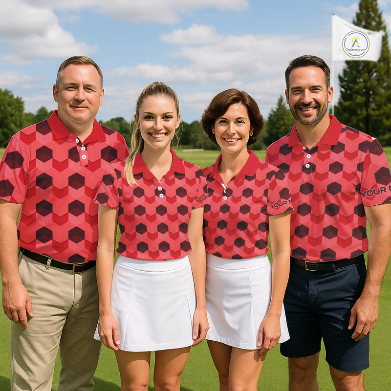 Plaid Womens Golf Polo Shirt Custom Abstract Red Hexagon Pattern Golf Shirts For Ladies NHN0156