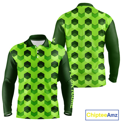 Plaid Long Sleeve Golf Polo Shirt Custom Abstract Green Hexagon Pattern Golf Shirts For Men NHN0156