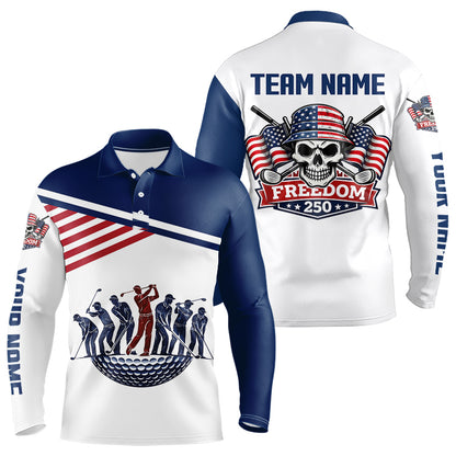 Long Sleeve Golf Polo Shirt Custom 250th Anniversary American Flag Skull Golf Shirts, Patriotic Gift NHN0143