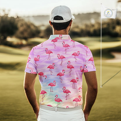 Violet Pastel Mens Golf Polo Shirts Custom Funny Flamingo Pattern Team Golf Tops For Men, Golf Gifts NHN0174