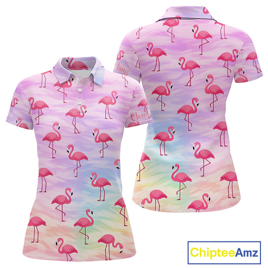 Violet Pastel Womens Golf Polo Shirts Custom Funny Flamingo Pattern Team Ladies Golf Tops, Golf Gift NHN0174