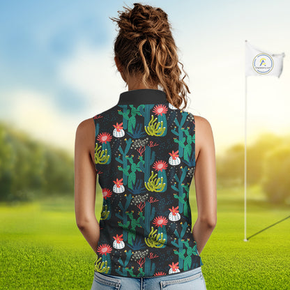 Funny Desert Cactus Pattern Womens Sleeveless Golf Polo Shirts Custom Cactus Golf Shirt For Ladies NHN0186
