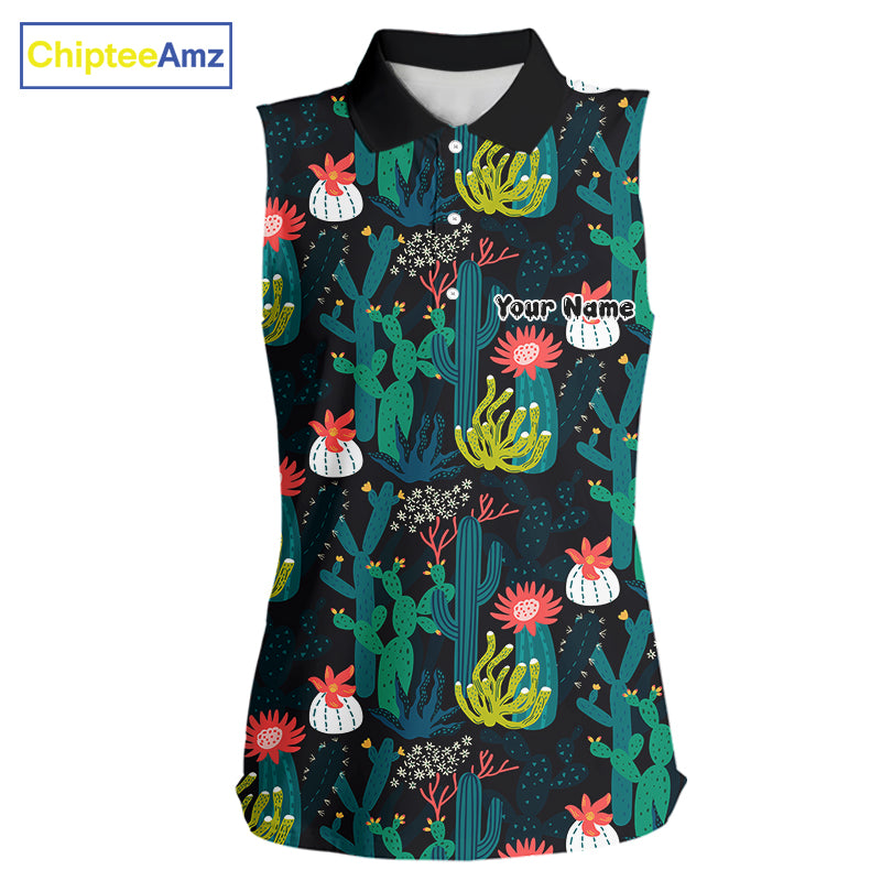 Funny Desert Cactus Pattern Womens Sleeveless Golf Polo Shirts Custom Cactus Golf Shirt For Ladies NHN0186